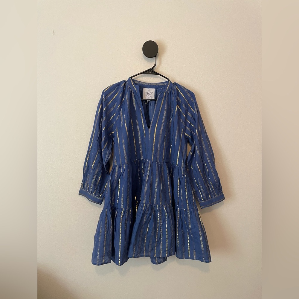 Area Stars Tina Blue Gold Metallic Stripe Tiered Swing Mini Dress XS NWT